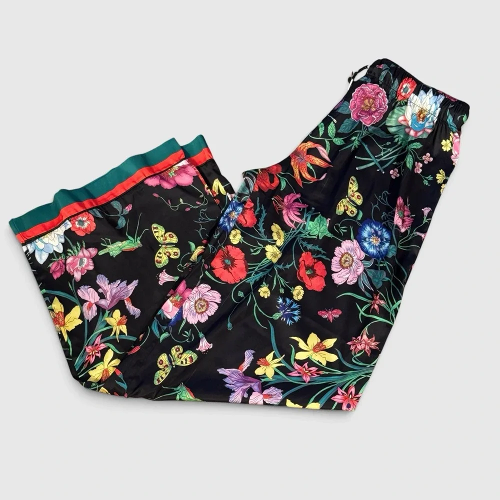 Floral Botanical Wide Leg Silky Satin Style Pants Boho Chic Womens XL Maximalist
